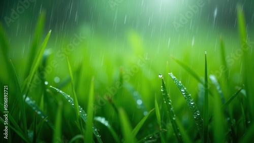 Refreshing Rainfall: Close-up of Raindrops and Dew on Lush Green Grass