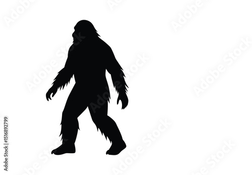 Black silhouette of bigfoot creature in profile on a white background ready for design use