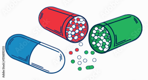 Colorful illustration of opened capsules with medicine pills scattered