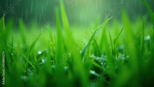 Refreshing Rainfall: Close-up of Raindrops and Dew on Lush Green Grass