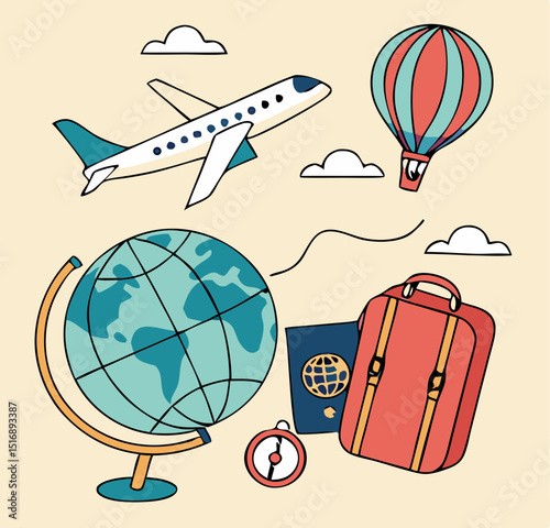 Colorful travel and adventure concept with airplane globe suitcase