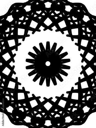 A hypnotic circular mandala-inspired silhouette featuring intricate patterns and a central floral-like shape. The black design on a white background evokes themes of unity, and protection