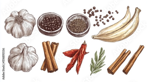 Hand drawn spices. Vanilla and pepper, cinnamon and garlic. Sketch kitchen herbs isolated vector set. Illustration of ingredient herb, garlic and spice for cooking illustration , no logos, no brands