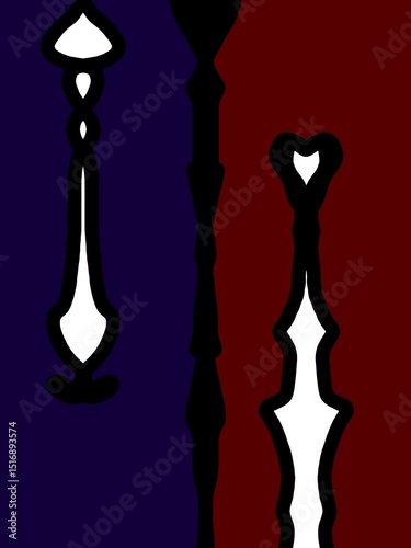 A conceptual digital artwork featuring vertical abstract silhouettes resembling totems or figures, placed on dual tone of burgundy and indigo background 
