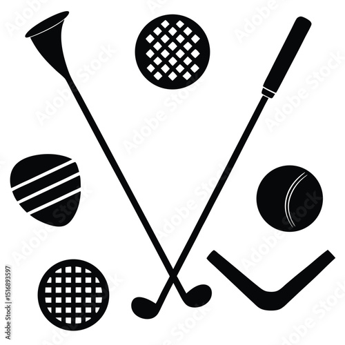 Golf Equipment Icons Clubs, Balls, and More - Black and White Vector Illustration