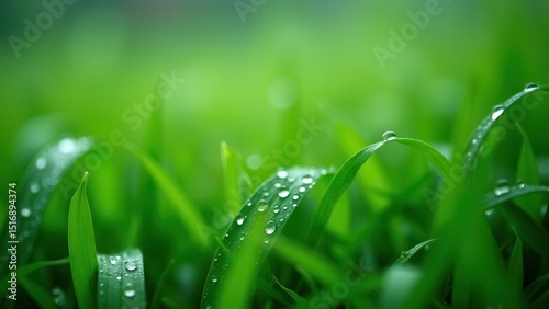 Refreshing Rainfall: Close-up of Raindrops and Dew on Lush Green Grass