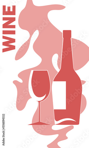Wine bar poster design, alcohol bottle, glass, abstract background. Banner, restaurant menu, wine list, flat, red wine, rose, muscat, merlot, chardonnay