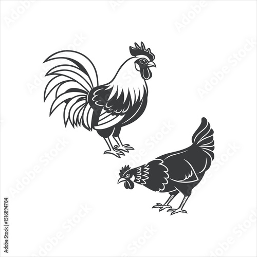 
Vector silhouette set of detailed quality chickens hens and baby chicks in farm
