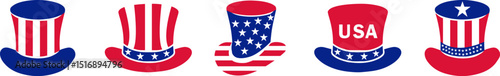 4th july Independence Day  icons collection .Red, blue hats for 4th of July .Fourth of July elements .United States of America celebration bundle set. USA flag,fireworks. Uncle Sam hat.