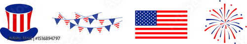4th july Independence Day  icons collection .Red, blue fireworks for 4th of July .Fourth of July elements .United States of America celebration bundle set. USA flag,fireworks,Uncle Sam hat,popper.