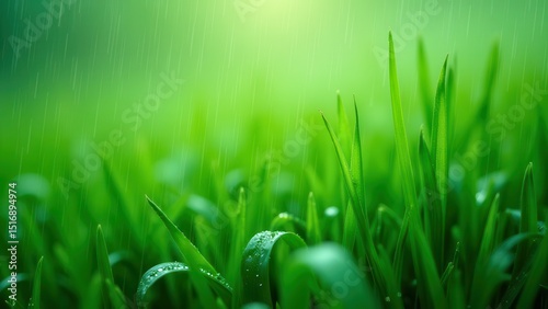 Refreshing Rainfall: Close-up of Raindrops and Dew on Lush Green Grass
