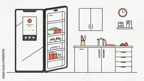 Illustration of an open refrigerator in a kitchen setting with cabinets and a clock on the wall showing time