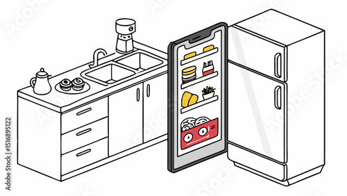 Isometric kitchen scene with a smartphone displaying refrigerator contents next to fridge