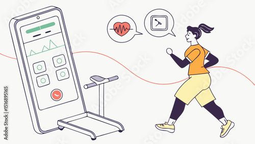 Woman jogging near a treadmill with heart rate and time displayed on a phone application interface