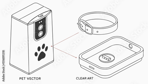 Illustration of a pet feeder with paw print, a collar, and a water bowl in a simple line art style