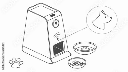 Illustration of a dog food dispenser with bowls and a dog head in a circle design element