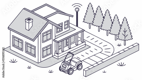 Isometric view of a house with lawn mower trees and wifi signal in a suburban setting illustration