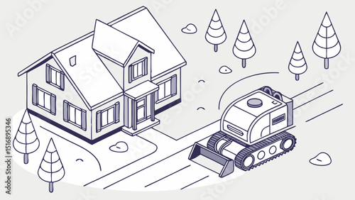 Isometric view of a house with trees and a small bulldozer on a driveway in line art style