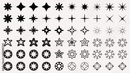 Collection of assorted star shapes and circular designs arranged in a grid pattern illustration