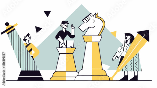 Illustration of people with chess pieces and geometric shapes in a modern design style