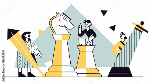 Illustrated scene featuring chess pieces and people in a strategic or planning concept design