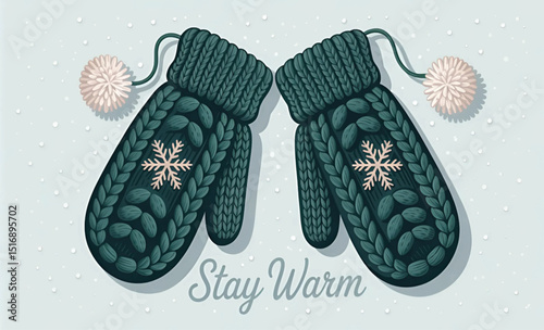 Cozy Knitted Mittens with Snowflakes and Wintery Background Vector Illustration

