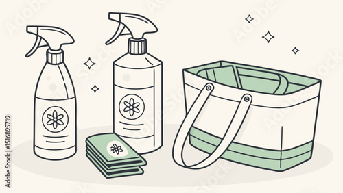 Illustration of cleaning supplies including spray bottles cloths and a basket on a light background