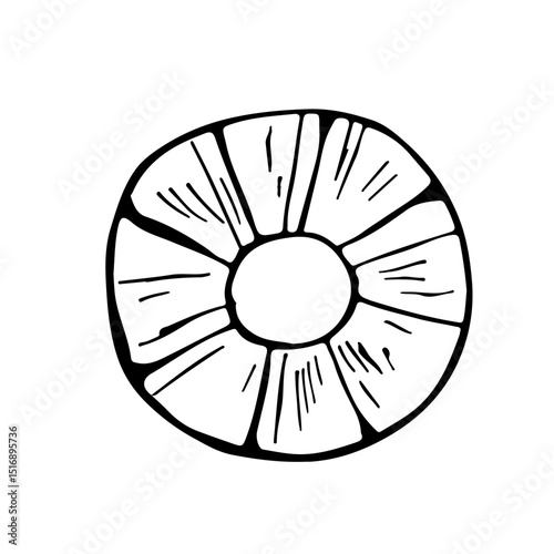 A slice of pineapple. Vector graphics, black-and-white illustration, hand-drawn in the style of doodles. Isolate on a white background. For food, recipes, cooking and dietary design, menus and decor.
