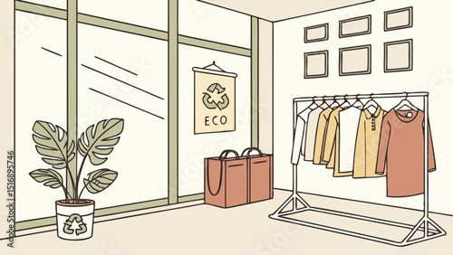 Illustration of an eco friendly room with plant, clothes rack, and recycle themed decorations