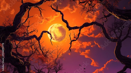 A glowing orange and purple Halloween-themed sky with twisted tree branches reaching toward the moon.