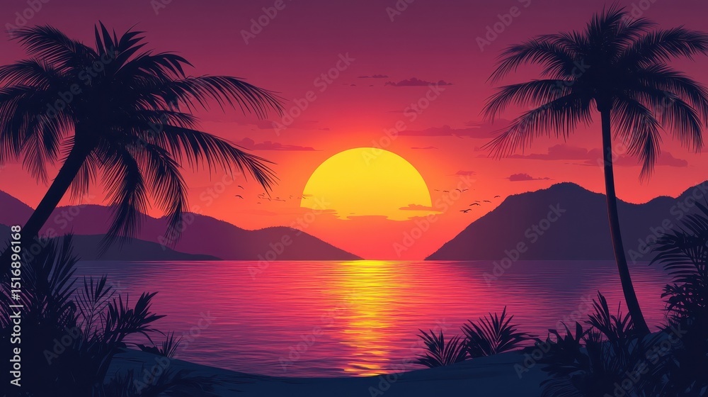 Obraz premium Vibrant orange and pink sunset over a calm ocean with silhouetted palm trees, tropical, sunset