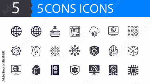 Collection of twenty outline icons featuring technology, travel, and security elements in black and white