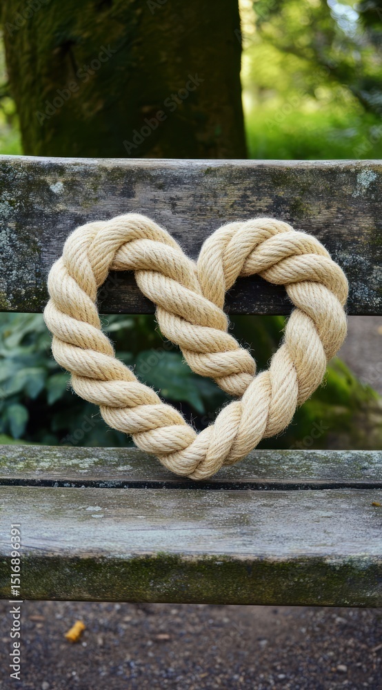 Fototapeta premium A heart-shaped rope decoration rests on a park bench. Beige braided rope forms a heart shape. Blurred background shows trees and greenery