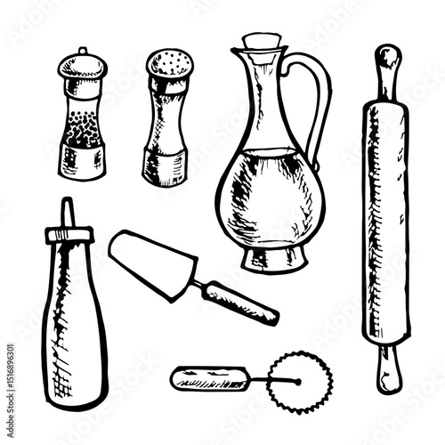 A set of tools and ingredients for making pizza. Salt, pepper, oil, rolling pin, knife, spatula, ketchup. Vector graphics, black and white illustrations by hand. For recipes, menus, and pizzeria decor