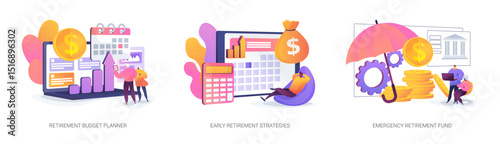 Retirement Budgeting, Safety Planning abstract concept vector illustrations.