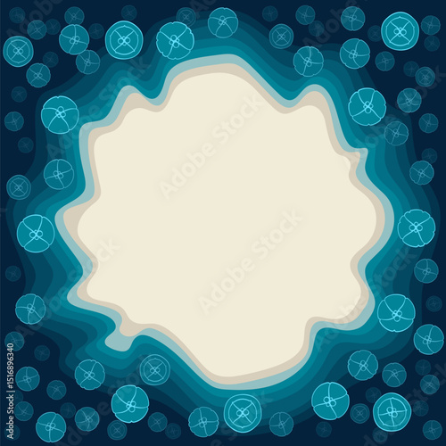 Vector background with the sand island and marine jellyfish in the water. Color illustration with silhouettes and layers.