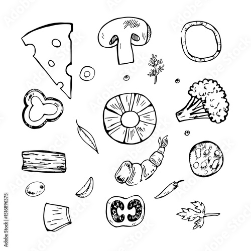 Ingredients for making pizza. Bacon, sausage, cheese, pineapple, shrimp, vegetables and herbs. Vector graphics, black and white illustrations by hand. For recipes, menus, and pizzeria decorations.