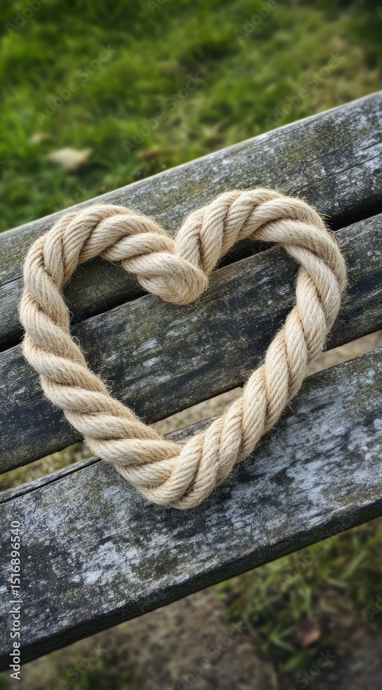 Fototapeta premium Heart-shaped rope on a weathered bench. Outdoors, nature background