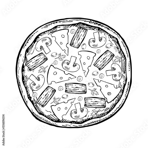 Round pizza with mushrooms and bacon. Vector graphics, hand-drawn black and white illustrations. Isolate on a white background. For recipes, menus, pizzeria decoration, packaging, and more.