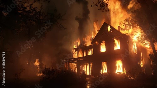 Burning House at Night Surrounded by Trees