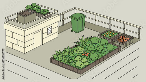 Rooftop garden with raised beds, plants, and a green trash can near a building structure and railing