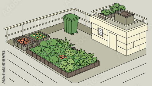 Isometric view of a rooftop garden with planters building and a green waste container present