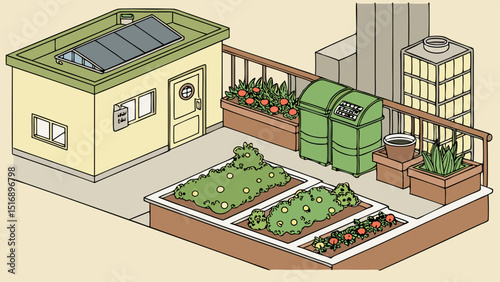 Illustration of an urban rooftop garden with a shed, raised beds, and composting bins on a sunny day