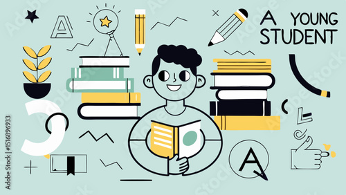 Illustration of a young student reading a book surrounded by books and educational elements design