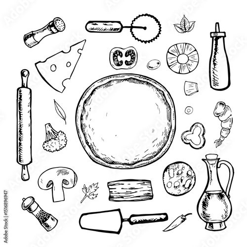 Pizza constructor. Vector graphics, black and white hand-drawn illustration. Isolate on a white background. A set of ingredients and tools for making pizza. For recipes, menus, and pizzeria decor.
