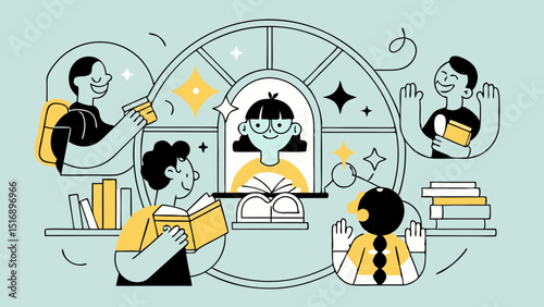 Illustration of students reading books around a window with a girl in the middle reading too