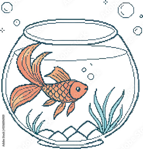 Gold fish swimming fishbowl pixel vector art illustration file 