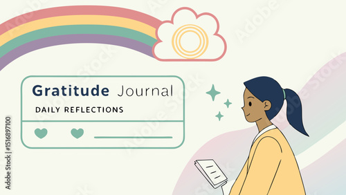 Illustration of a gratitude journal interface with a rainbow and a woman holding a notebook smiling