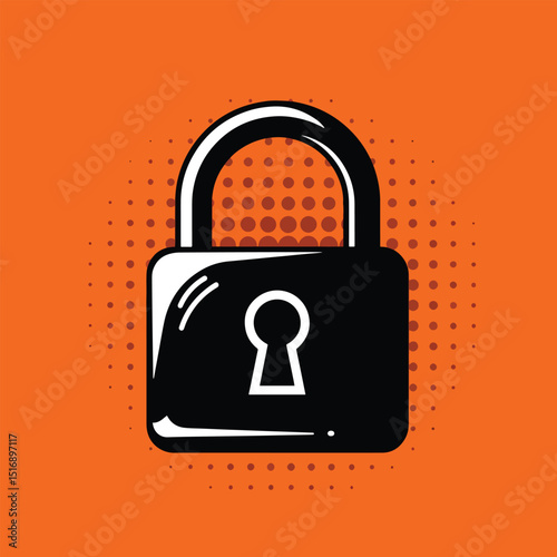 minimal padlock pop art symbol vector with vibrant orange background and halftone dot pattern