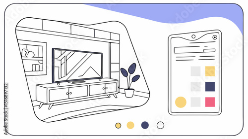 Illustration of a living room interior with a tv stand, television, plant, and a color palette app